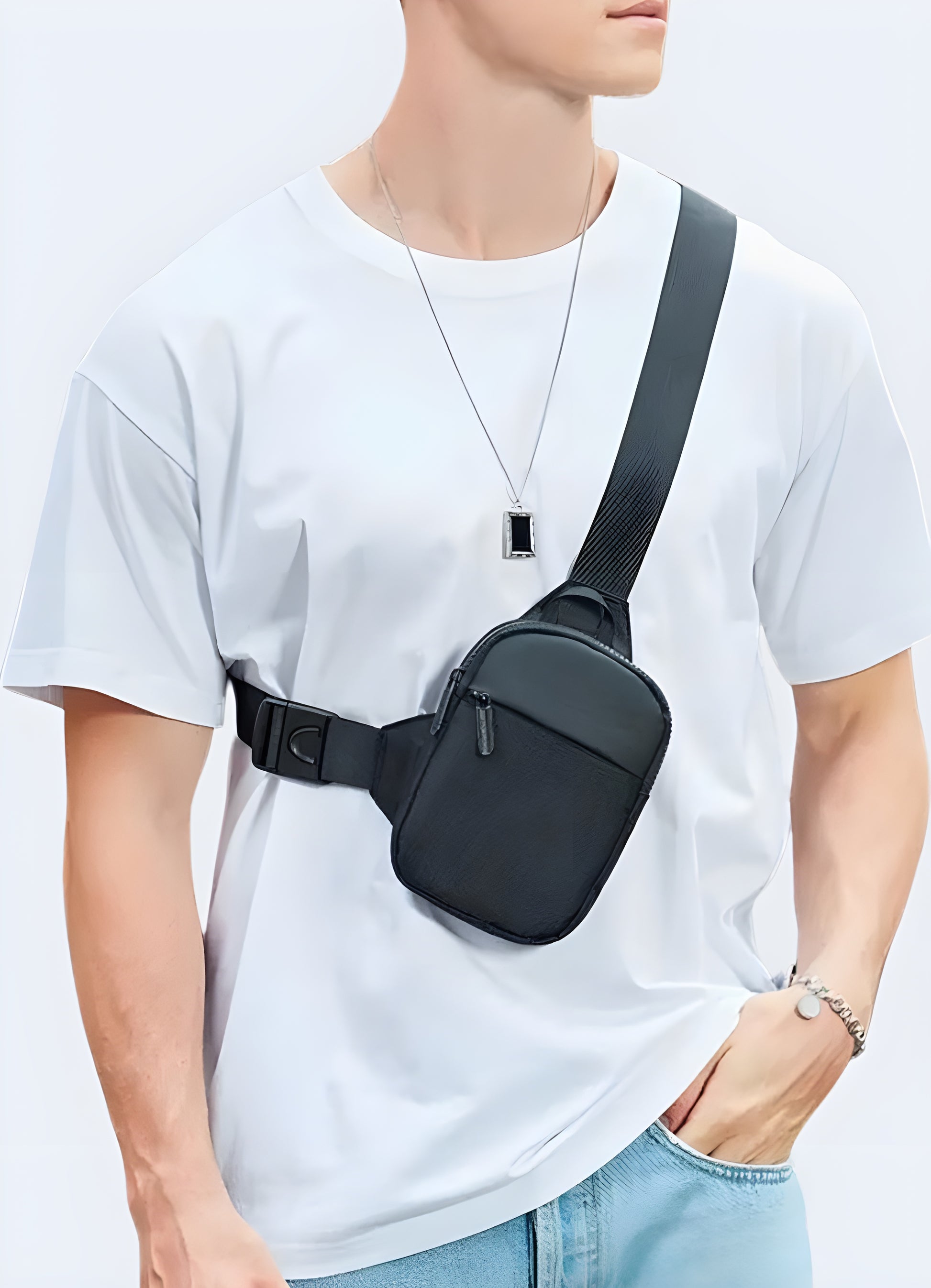 Man wearing a small chest bag, front view, highlighting its stylish and practical features.