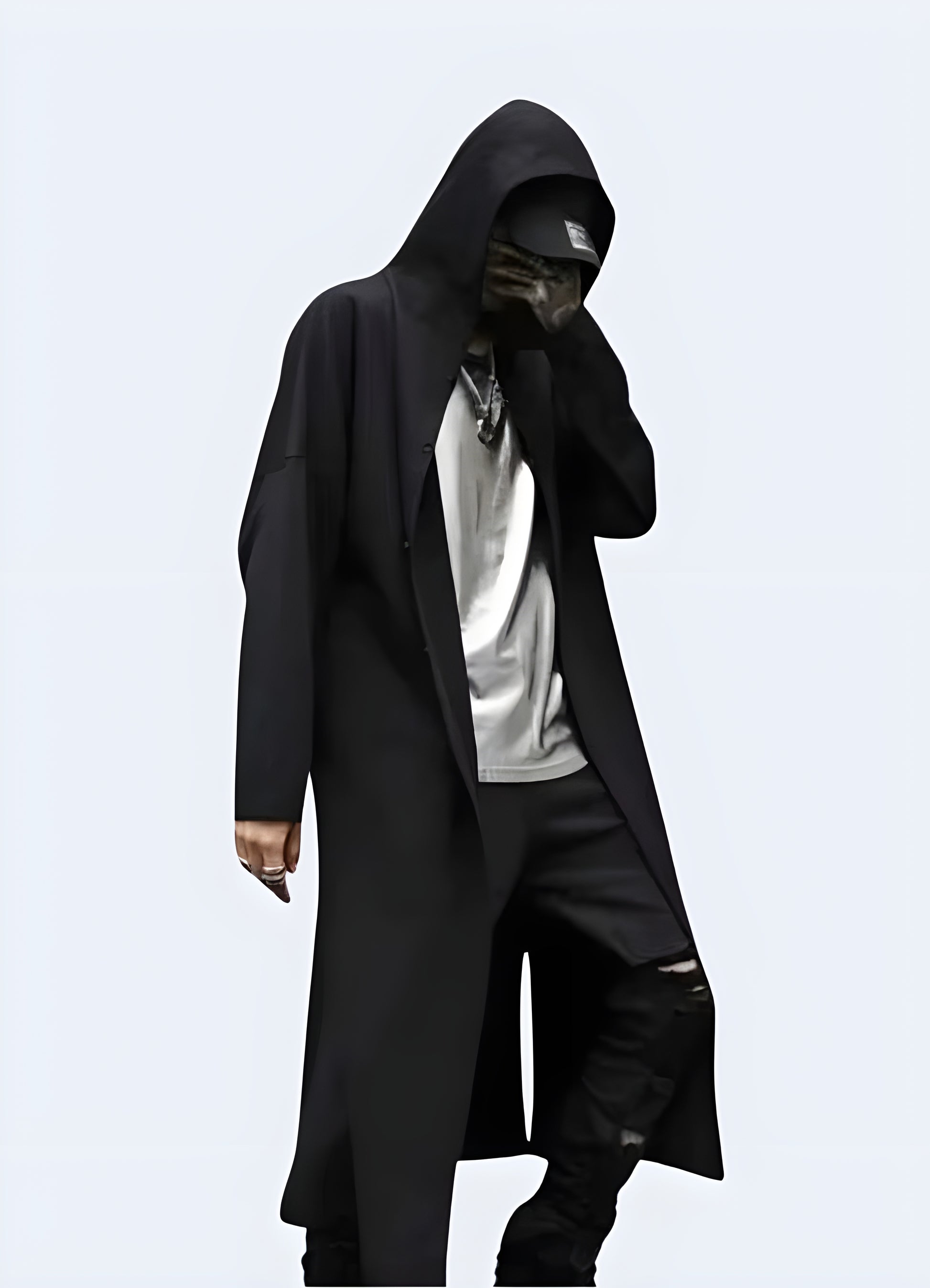 Face view of man wearing streetwear cloak – edgy urban cloak with minimalist design.