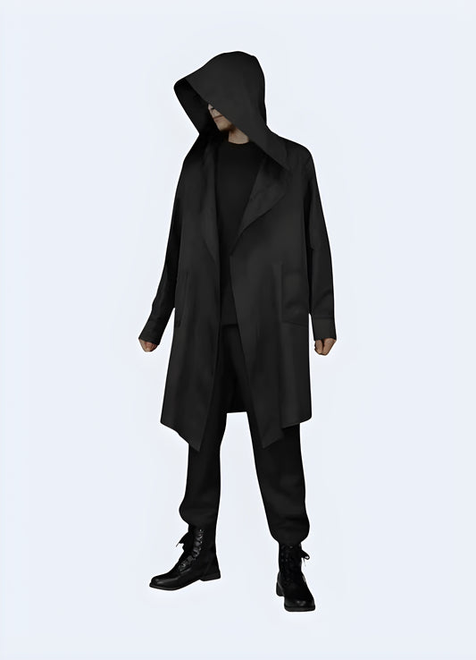 Man wearing streetwear cloak – modern techwear fashion with urban style.
