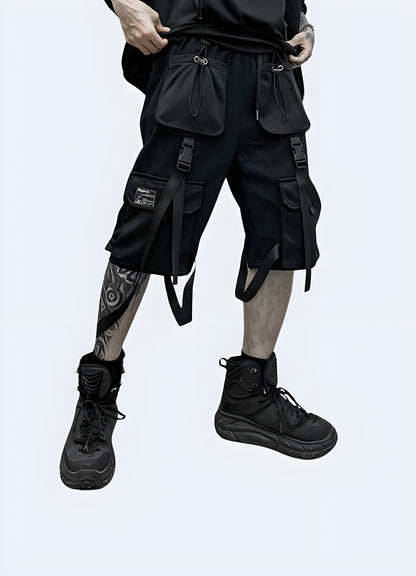 Designed for the modern urbanite, these black techwear shorts features multiple front pockets.