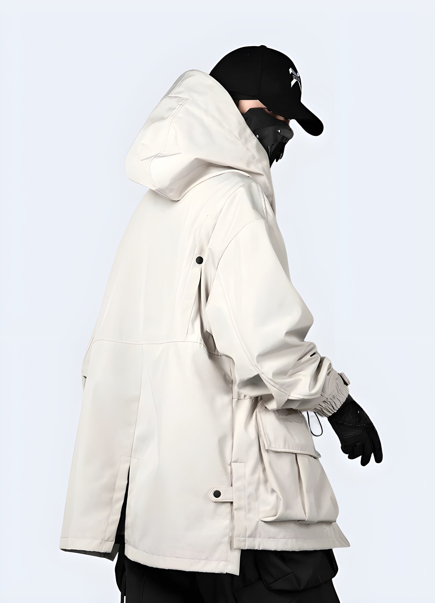 Men wearing techwear jacket white sleek back view.