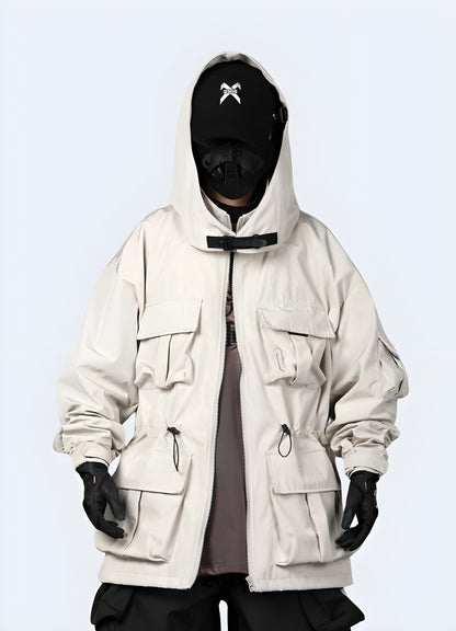 Sleek white techwear jacket wearing model front view.