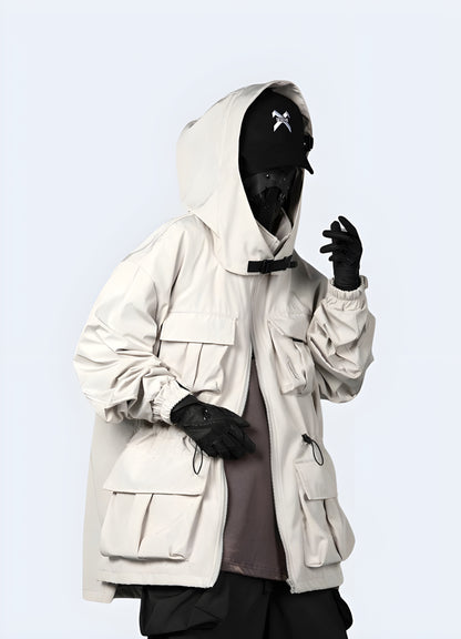 Windproof and water resistant shell techwear jacket white.