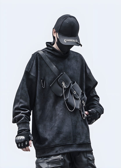 This black techwear pullover combines functionality with comfort. 