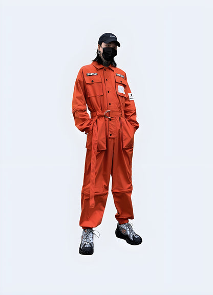 Orange multi-pocket techwear workwear coveralls equally suited.