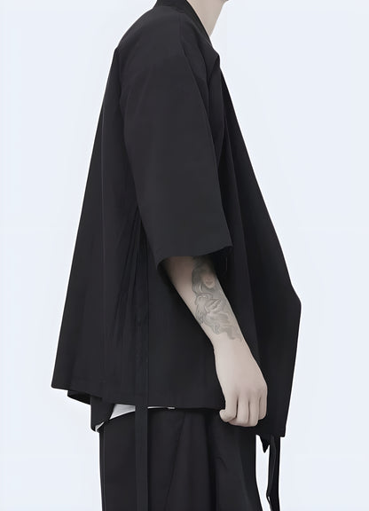 Urban streetwearinspired kimono jacket fits most body types.