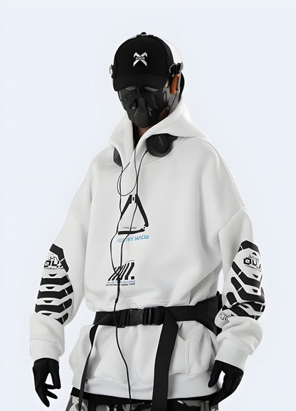 Channel your inner cybernetic ninja with this white cyberpunk hoodie.