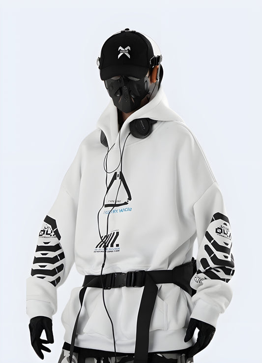 Channel your inner cybernetic ninja with this white cyberpunk hoodie.