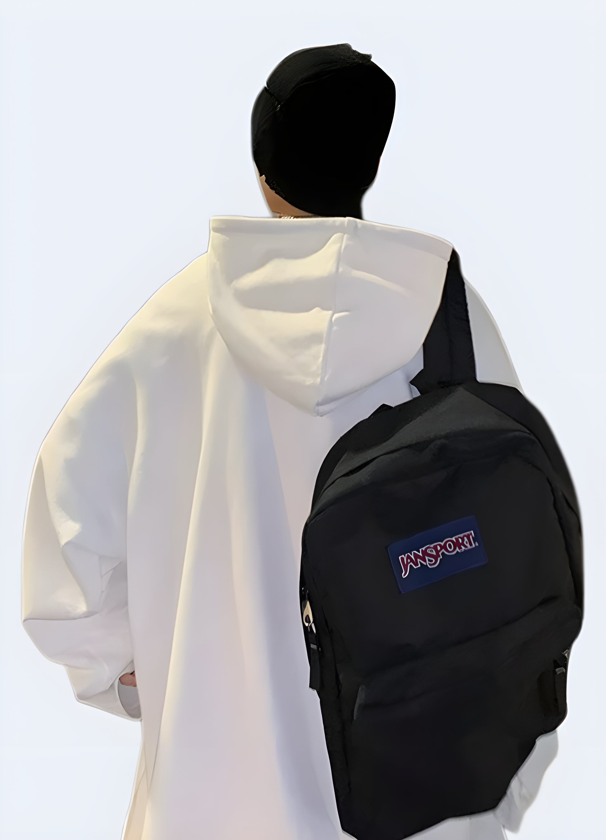 Back view of a man wearing a white techwear hoodie, showcasing the advanced fabric and modern design.