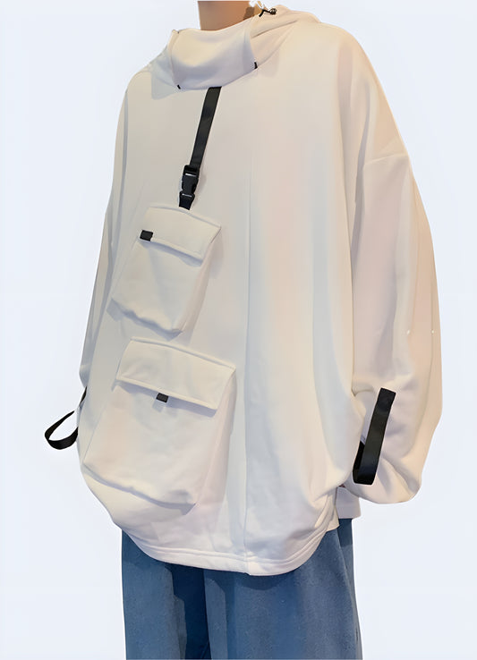 Answer Front view of a man wearing a white techwear hoodie, showcasing a modern and stylish design with advanced fabrics, perfect for a trendy and comfortable look.