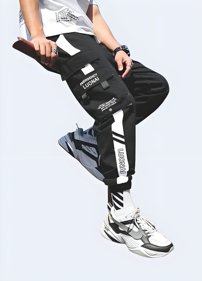 Adjustable waist white techwear pants side view.