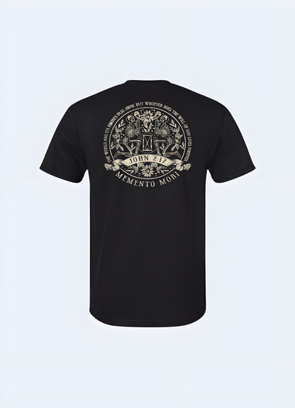 Graphic tee with contemporary style with our handcrafted memento mori print.