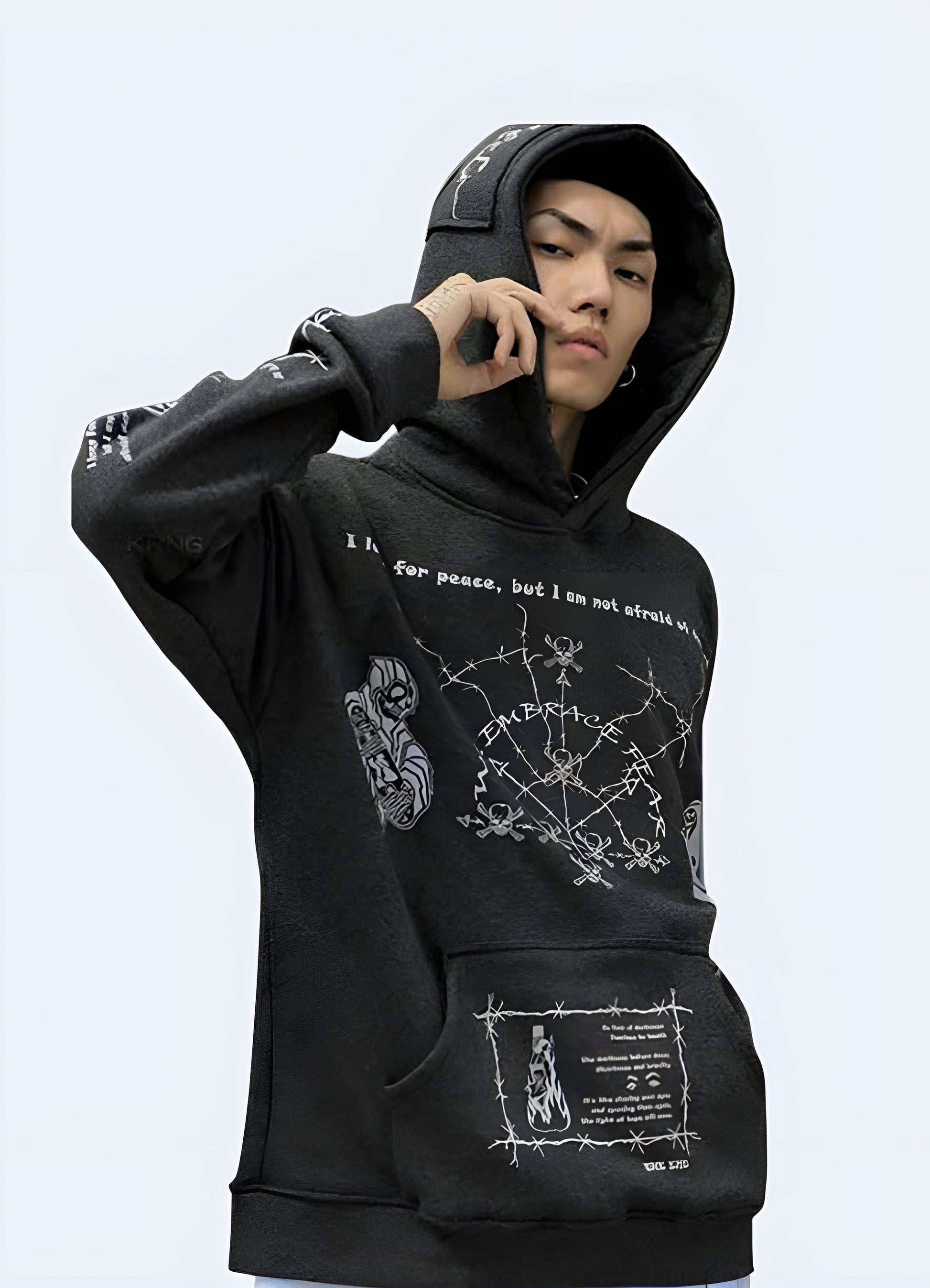 Grey hoodie with barbed wire graphic print.