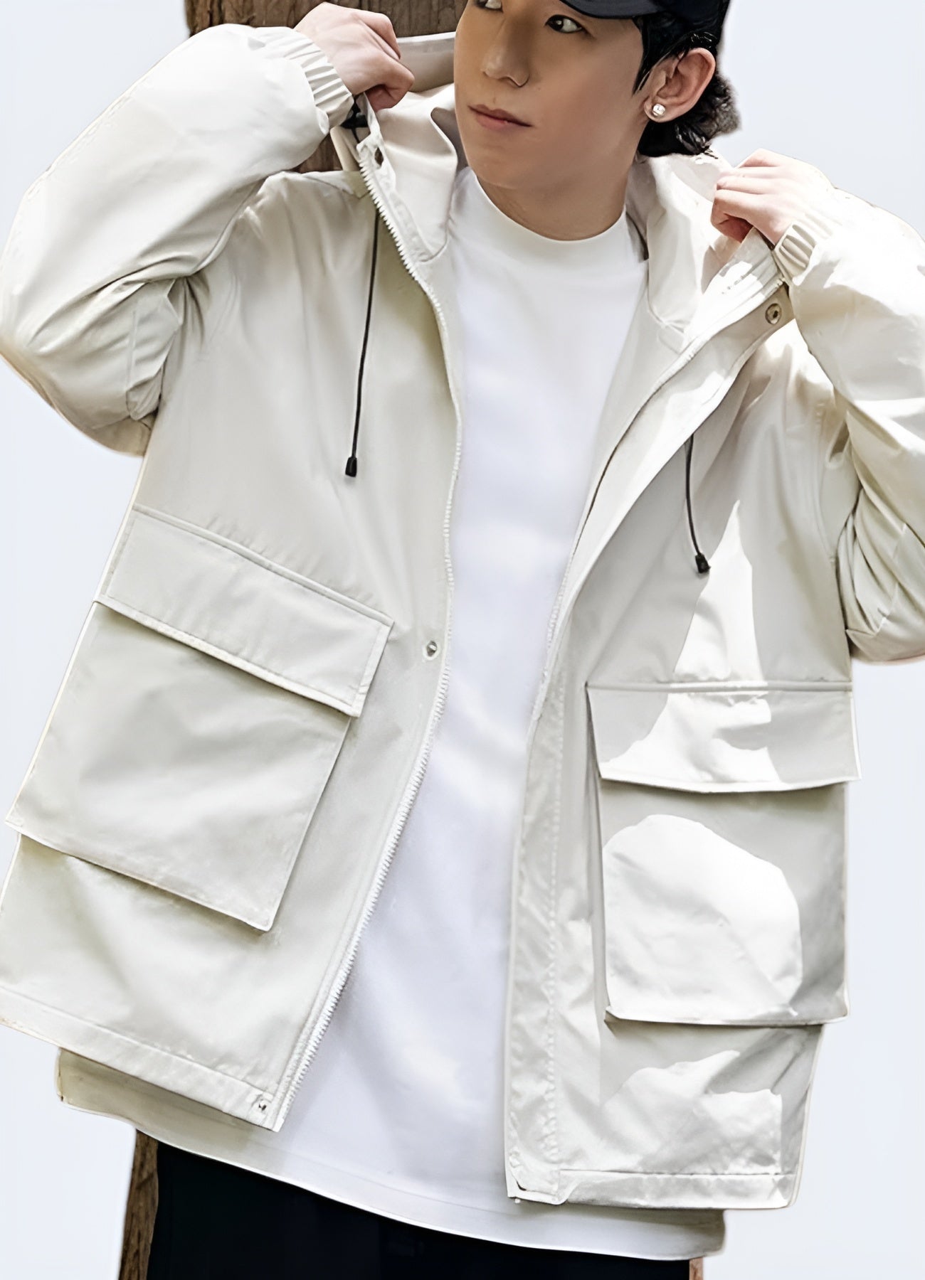 Boxy fit creates laidback utility look beige cargo jacket.