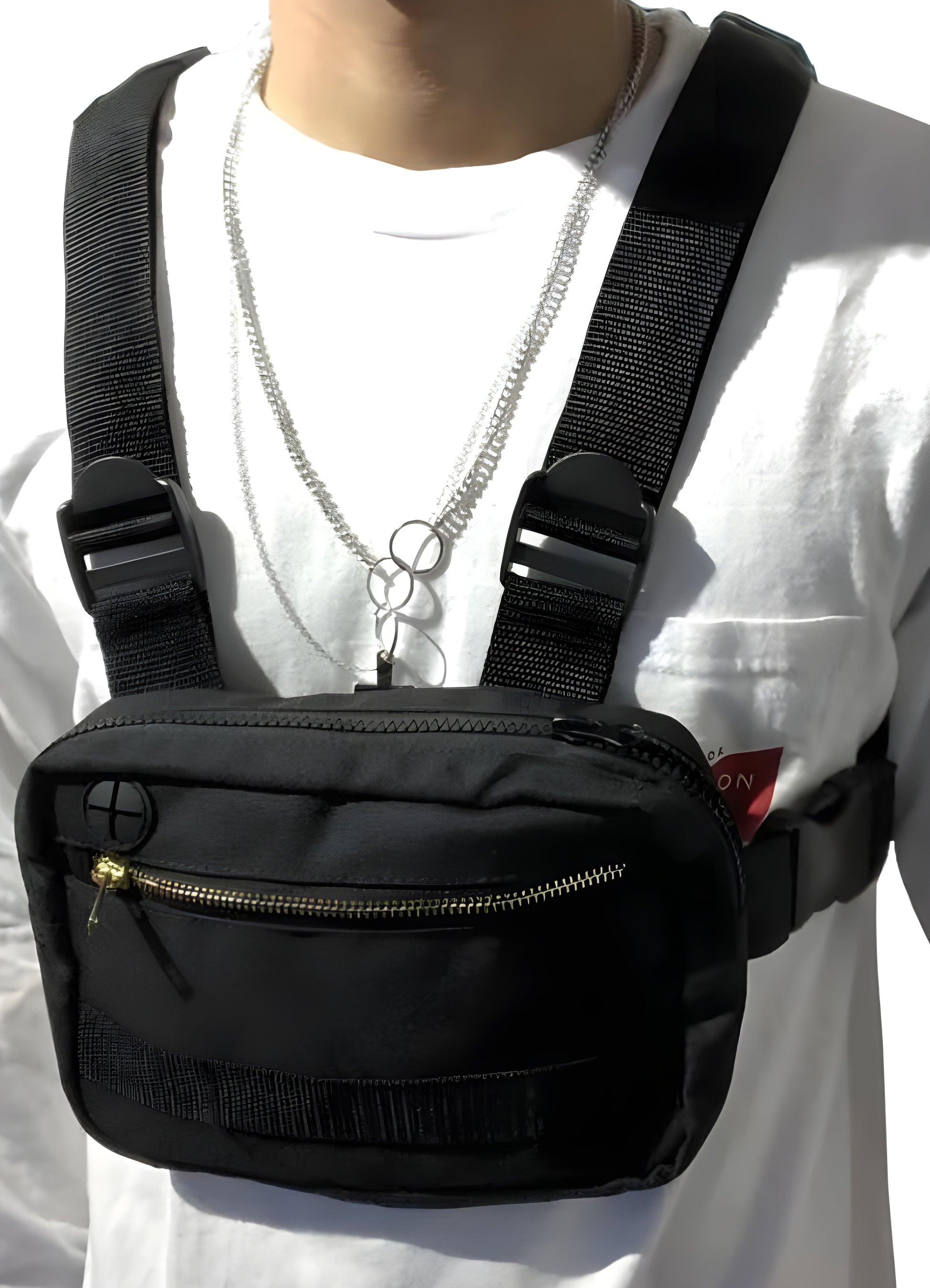 Black chest bag adjustable shoulder strap.