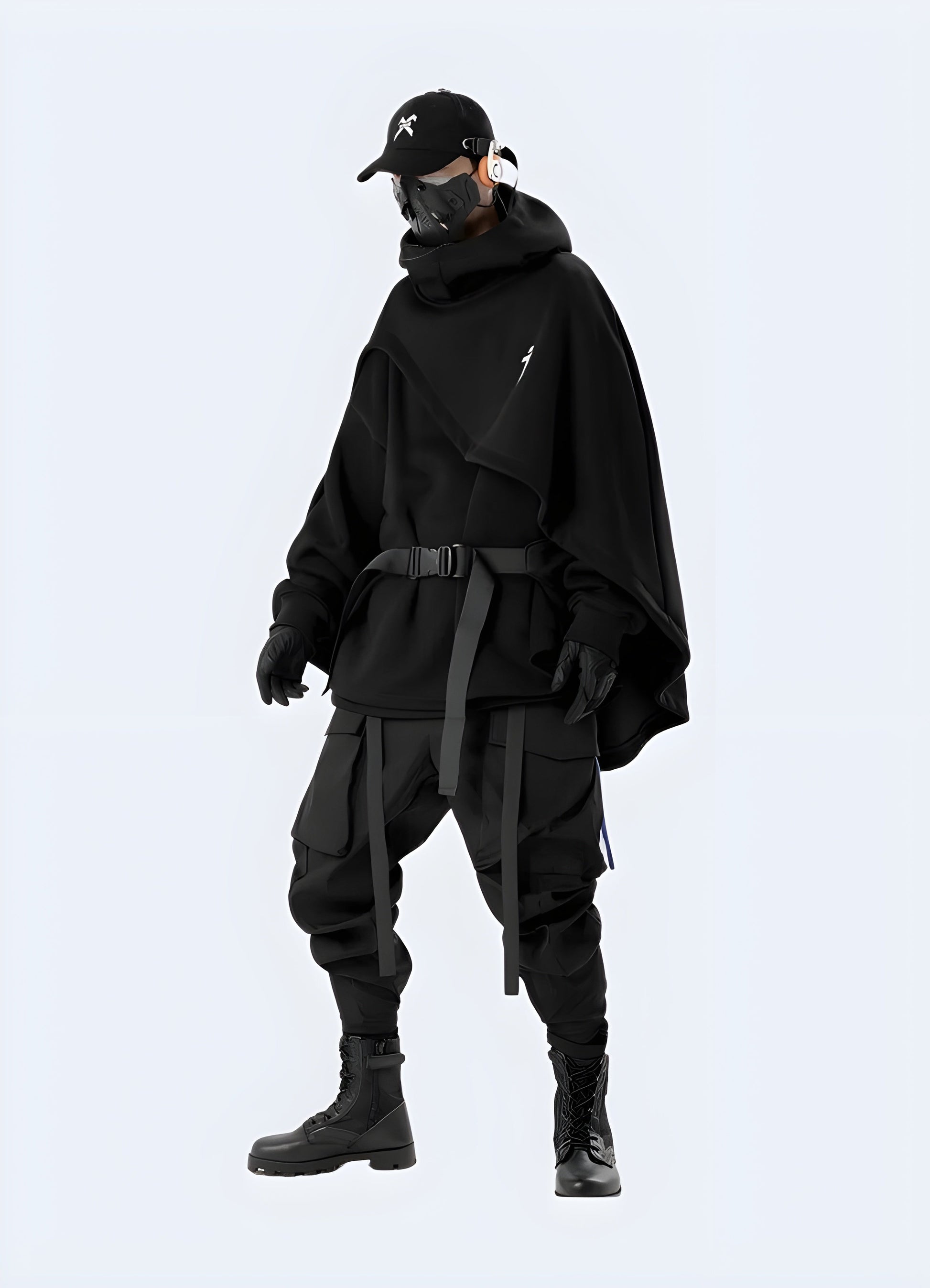 Men wearing full detail view cloak hoodie black.