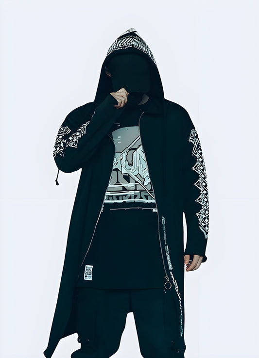 Man wearing a cyber hoodie in a front view, highlighting the futuristic design and techwear elements popular in the AU.