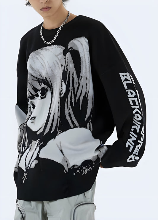 The death note pullover boasts of a beautifully crafted embroidery of misa amane on the front.