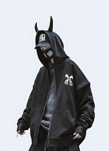 Black hoodie with demon horn graphic.