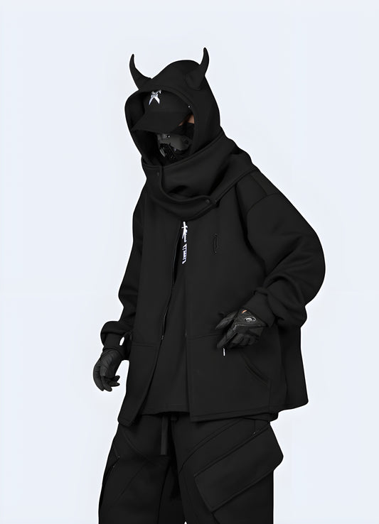 Unleash your inner mischief with this devilish black hoodie featuring sharp, stylized horns.