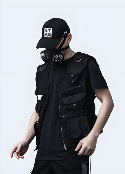 Men wearing black Utility techwear vest left view. 