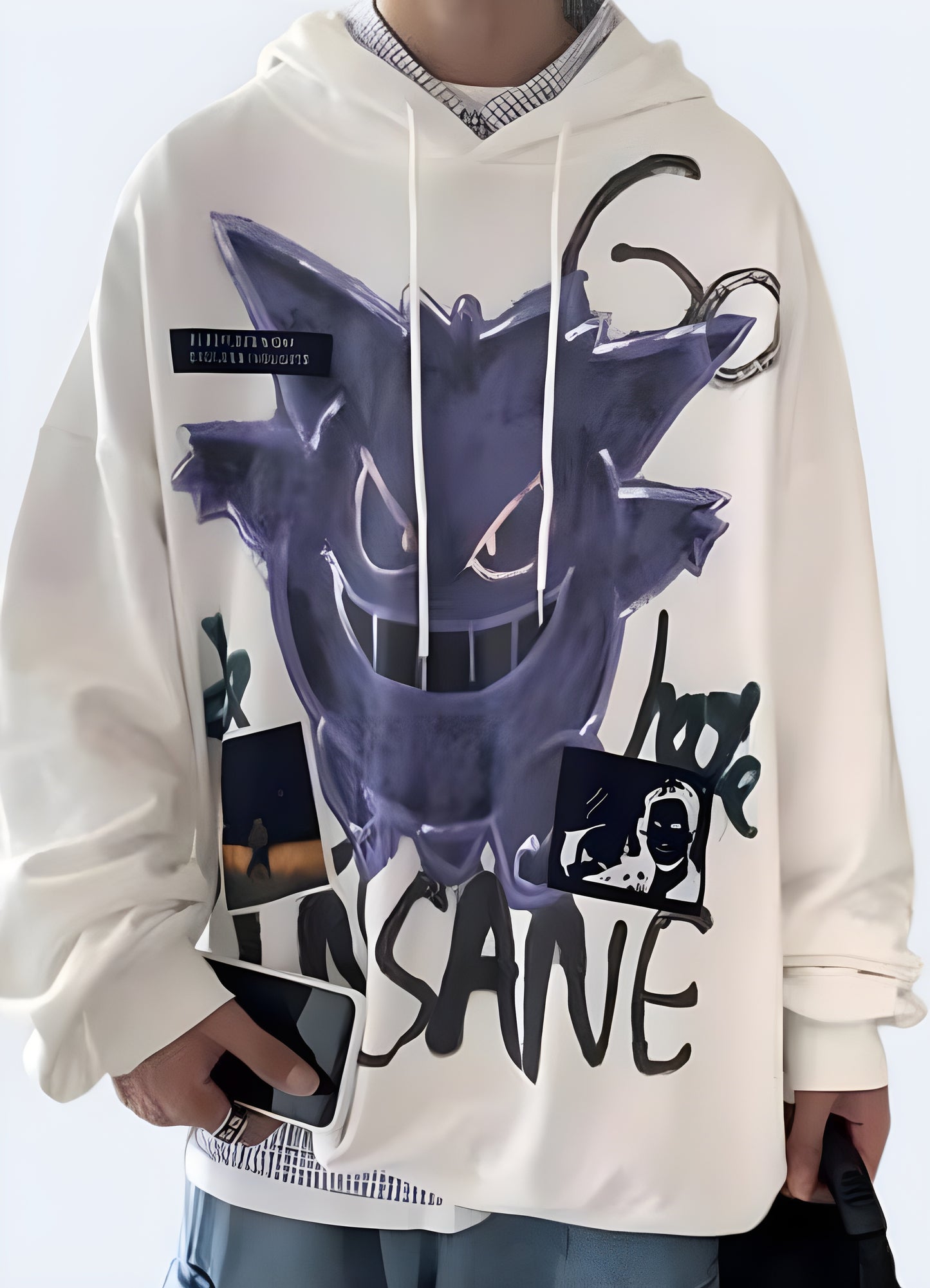 Oversized Gengar graphic print hoodie white.