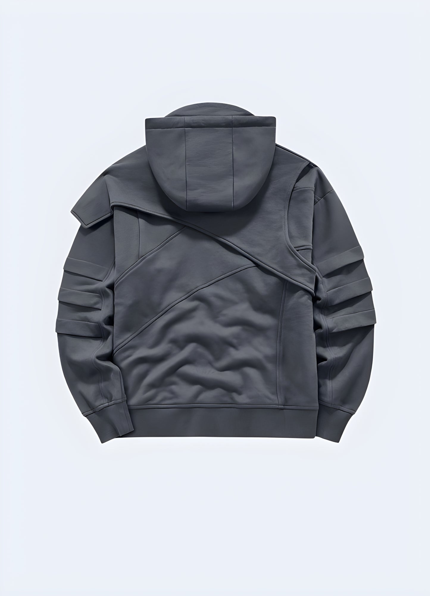 Man wearing a black tech fleece hoodie, back view. This stylish hoodie features a sleek, modern design with high-performance fabric for warmth and comfort. Ideal for urban and techwear fashion, it offers a futuristic aesthetic with a streamlined fit.