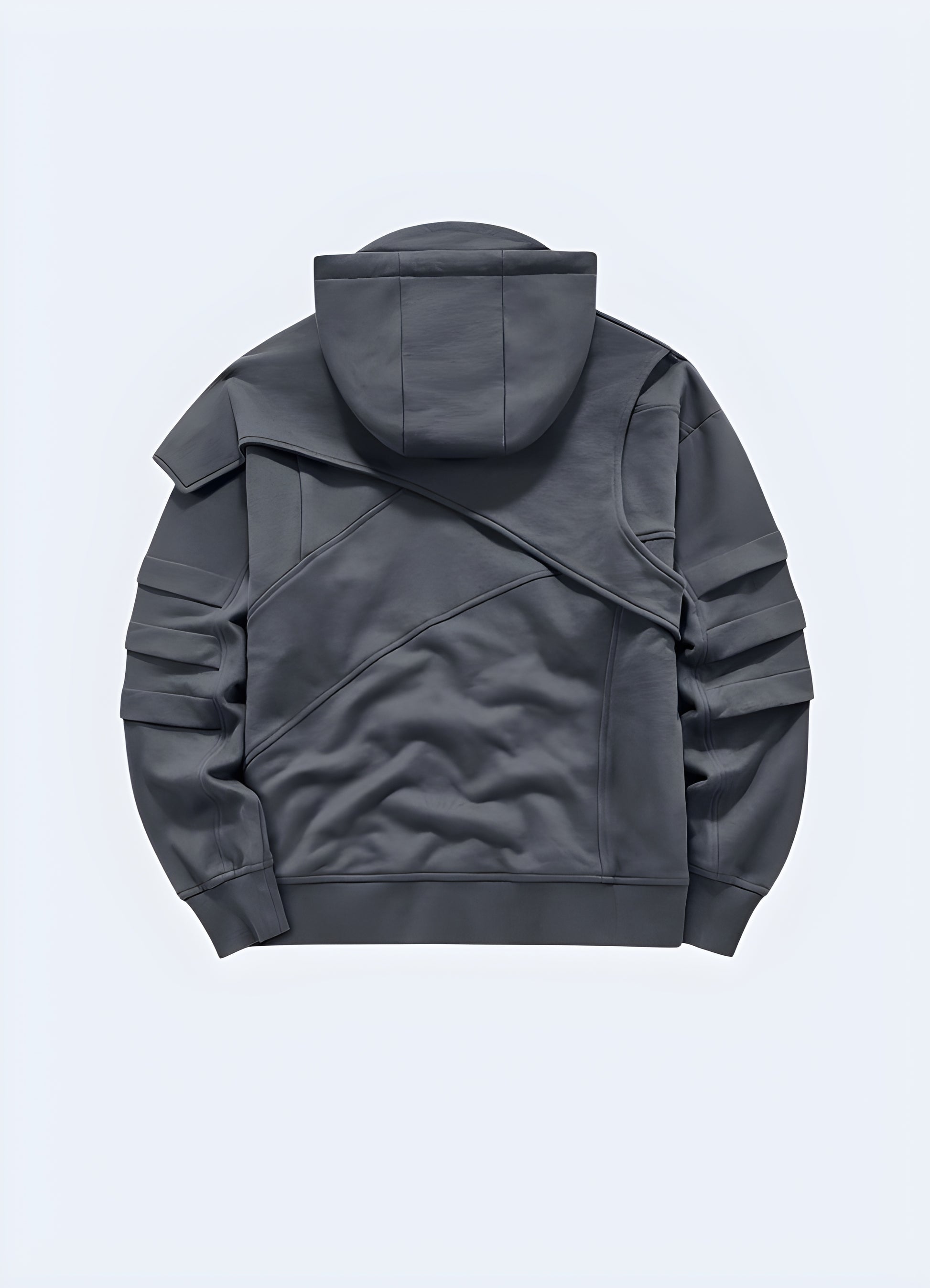 Man wearing a black tech fleece hoodie, back view. This stylish hoodie features a sleek, modern design with high-performance fabric for warmth and comfort. Ideal for urban and techwear fashion, it offers a futuristic aesthetic with a streamlined fit.
