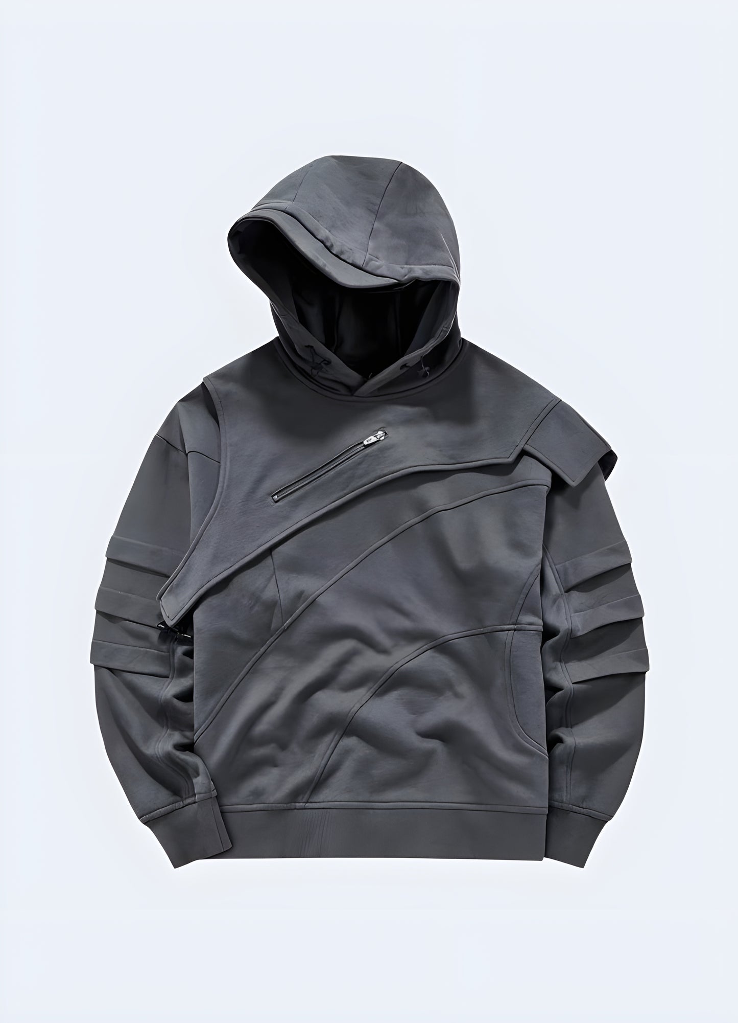 Man wearing a black tech fleece hoodie, front view. This modern hoodie features a sleek, minimalist design with high-performance fabric for warmth and comfort. Perfect for urban and techwear styles, it combines functionality with a futuristic aesthetic.