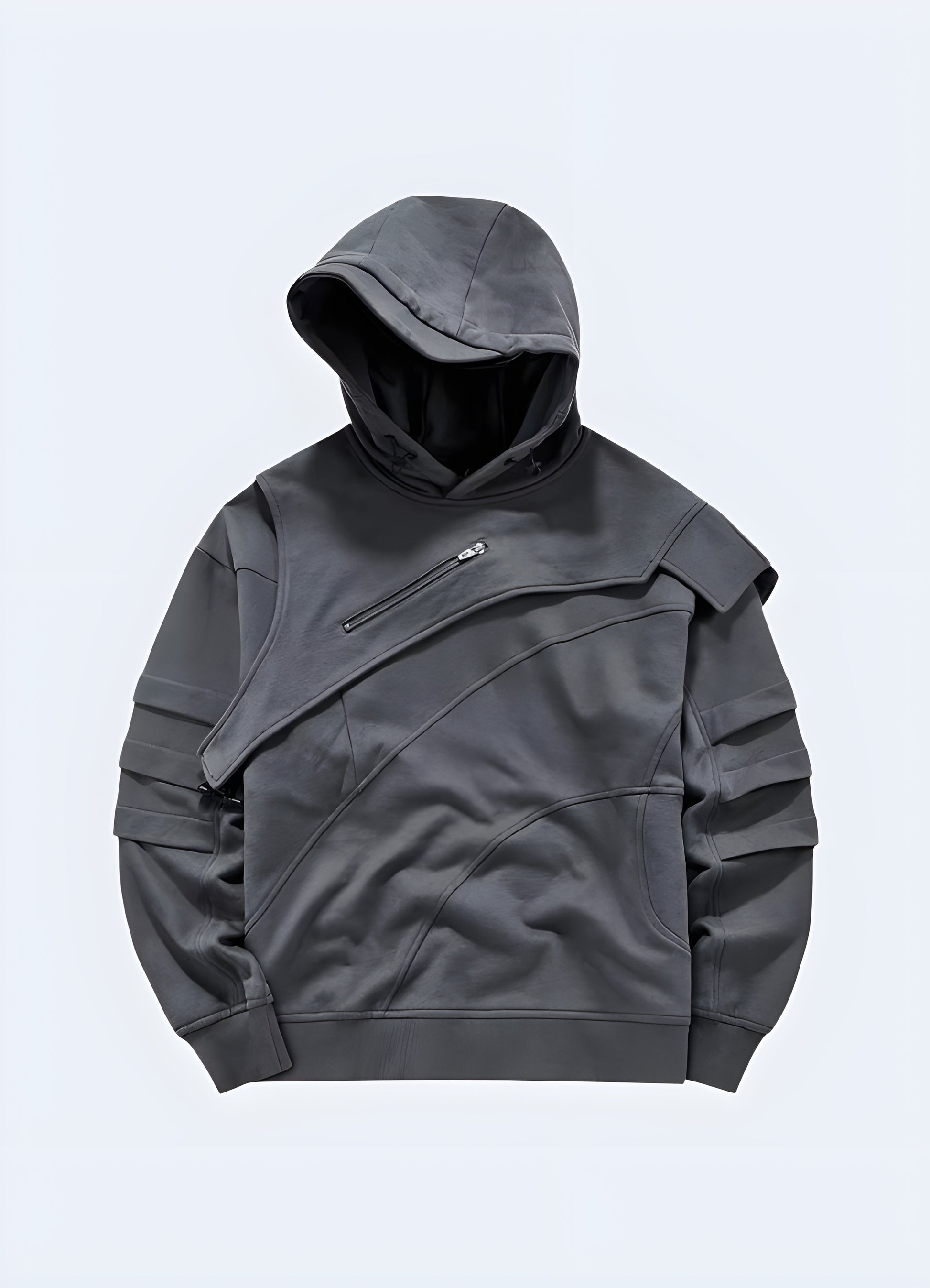 Man wearing a black tech fleece hoodie, front view. This modern hoodie features a sleek, minimalist design with high-performance fabric for warmth and comfort. Perfect for urban and techwear styles, it combines functionality with a futuristic aesthetic.