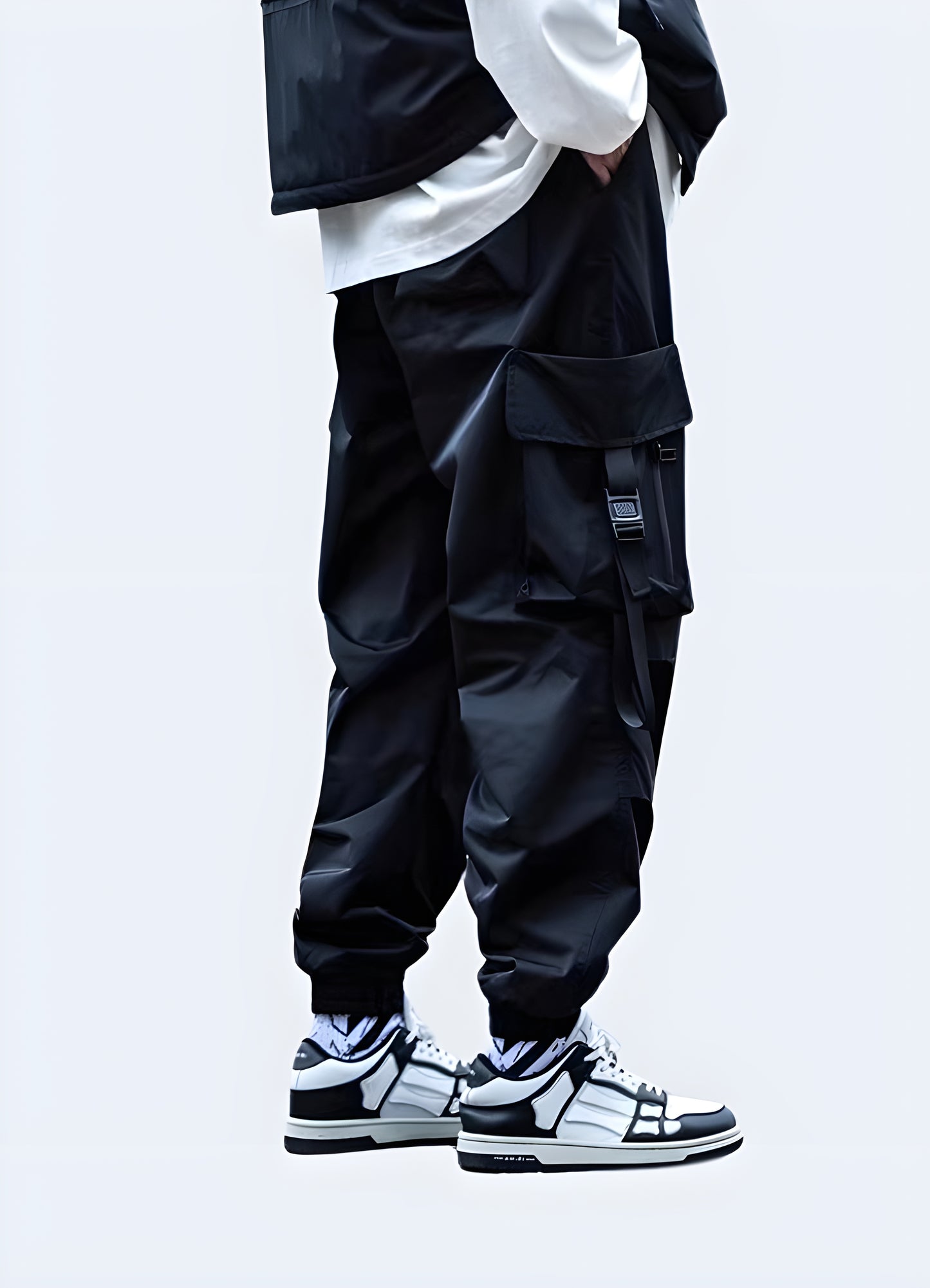 Black Japanese techwear cargo pants with functional pockets and a technical design, back view, ideal for AU streetwear lovers. These pants provide a modern, streamlined look, offering both practicality and a stylish edge for urban fashion.