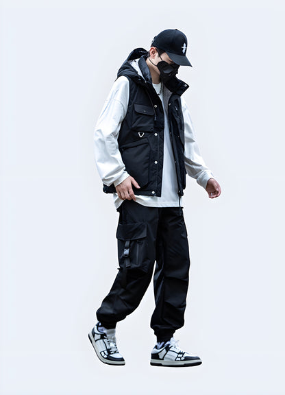 Black Japanese techwear cargo pants with functional pockets and a technical design, side view, perfect for AU streetwear enthusiasts. These pants offer a sleek, practical fit, combining style and functionality for everyday wear.