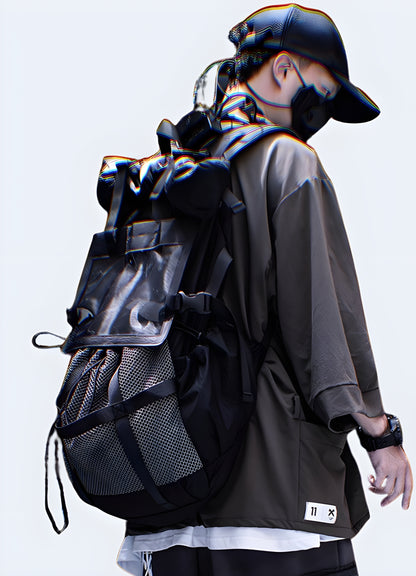 Men wearing a black Japanese travel bag, front and side view. Stylish and functional travel accessory.