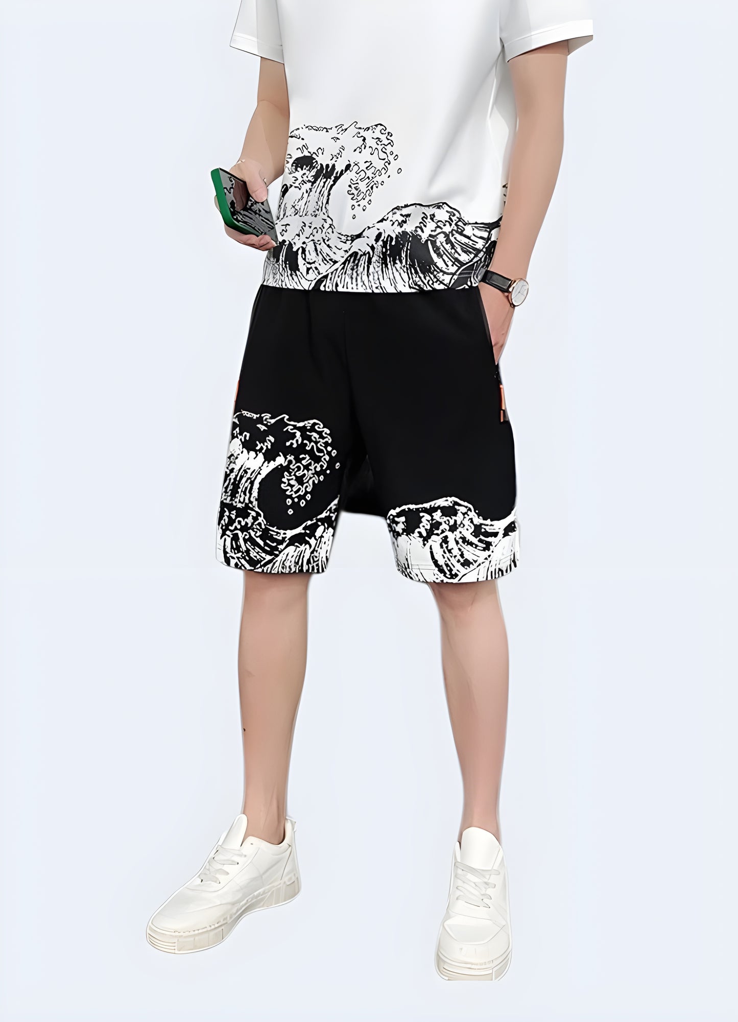 Drawstring closure elastic waist japanese wave shorts.