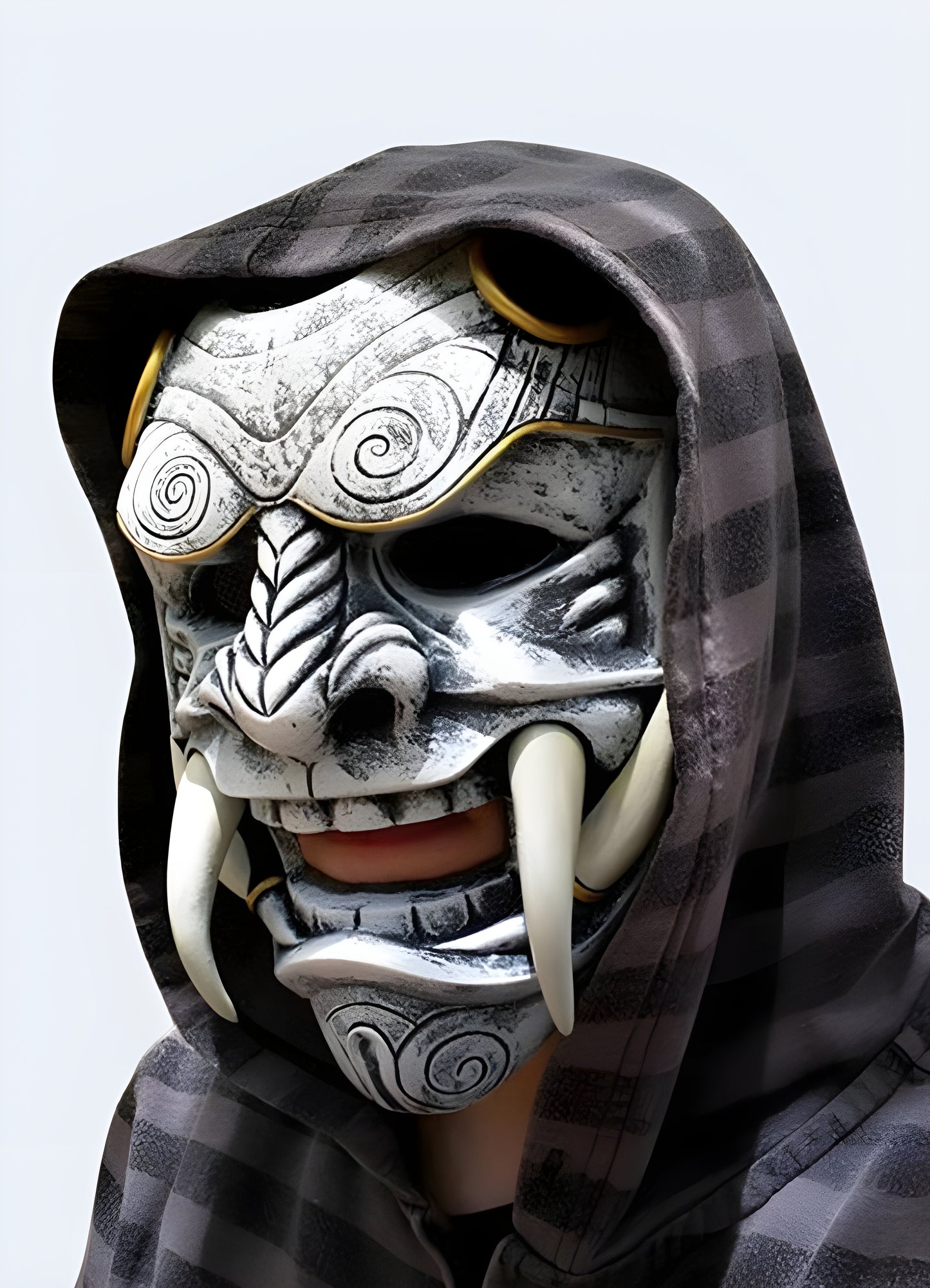 Frightening Japanese demon mask intricate hand-painted details.