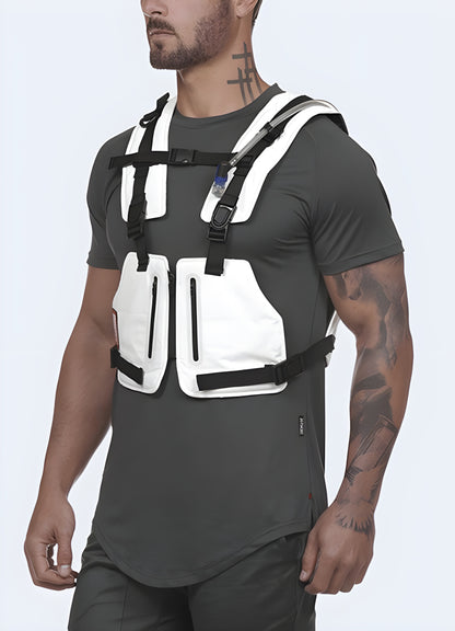 Adjustable reinforced straps running chest pack white.
