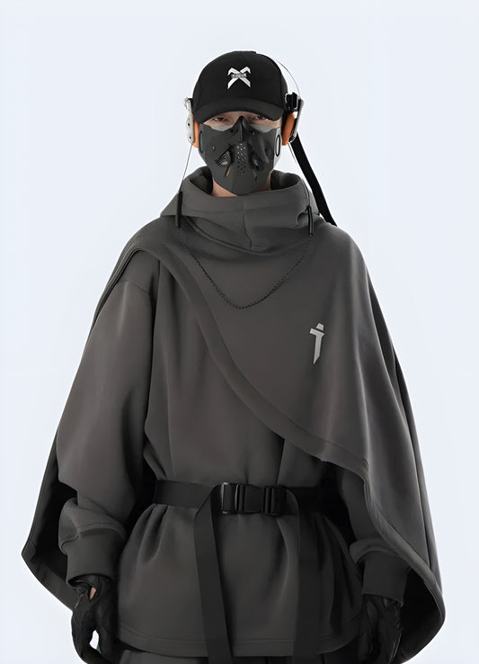 Men wearing grey sci fi poncho front view.