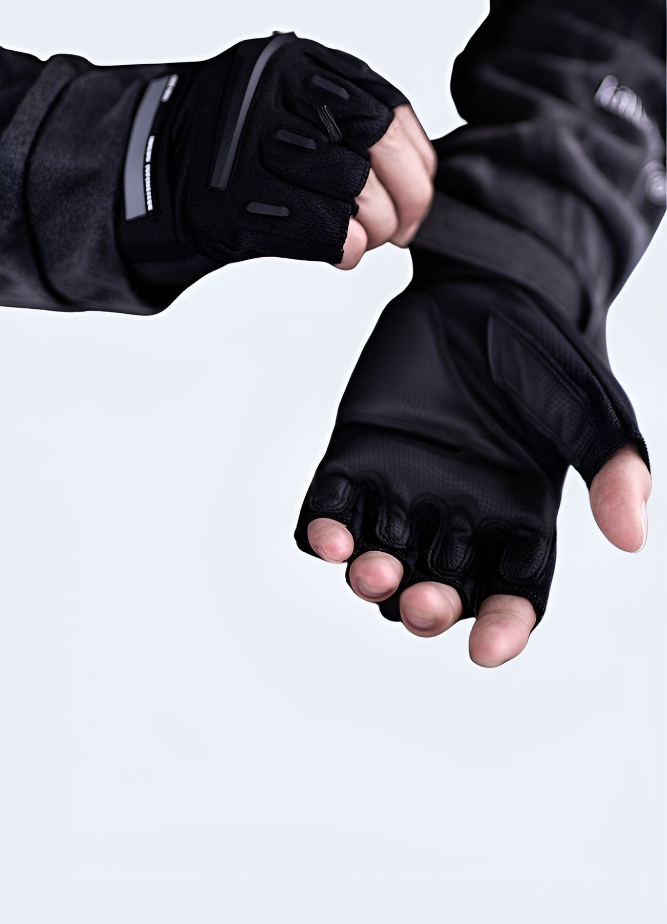 Fingerless street style gloves mean wearing black front side view.