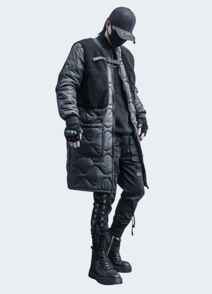 Black men wearing streetwear sherpa jacket right view.