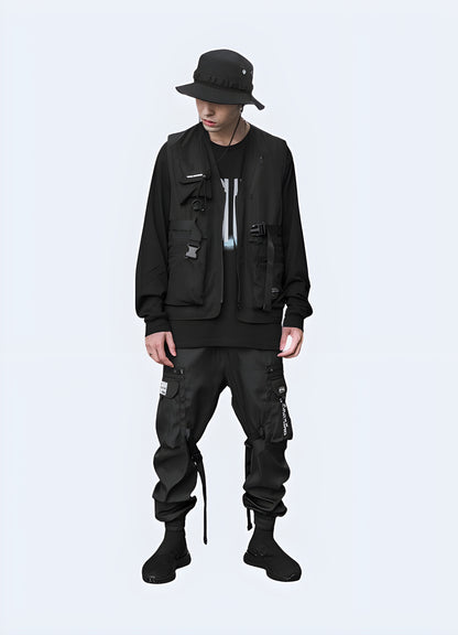 Men wearing black streetwear tactical vest full body front view.