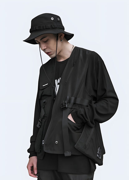 Men wearing black streetwear tactical vest side view.