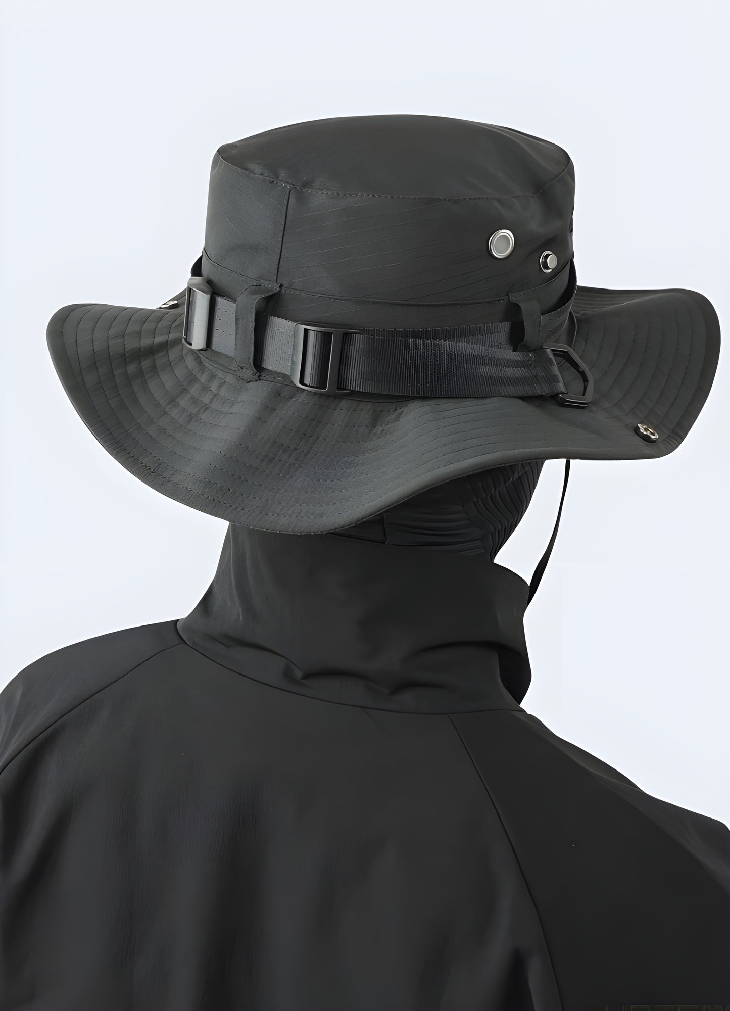 With its sleek elegance and full-black finesse, this army bucket hat shatters the norms of typical, mundane hats.