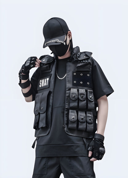 Men wearing black tactical vest swat front view.