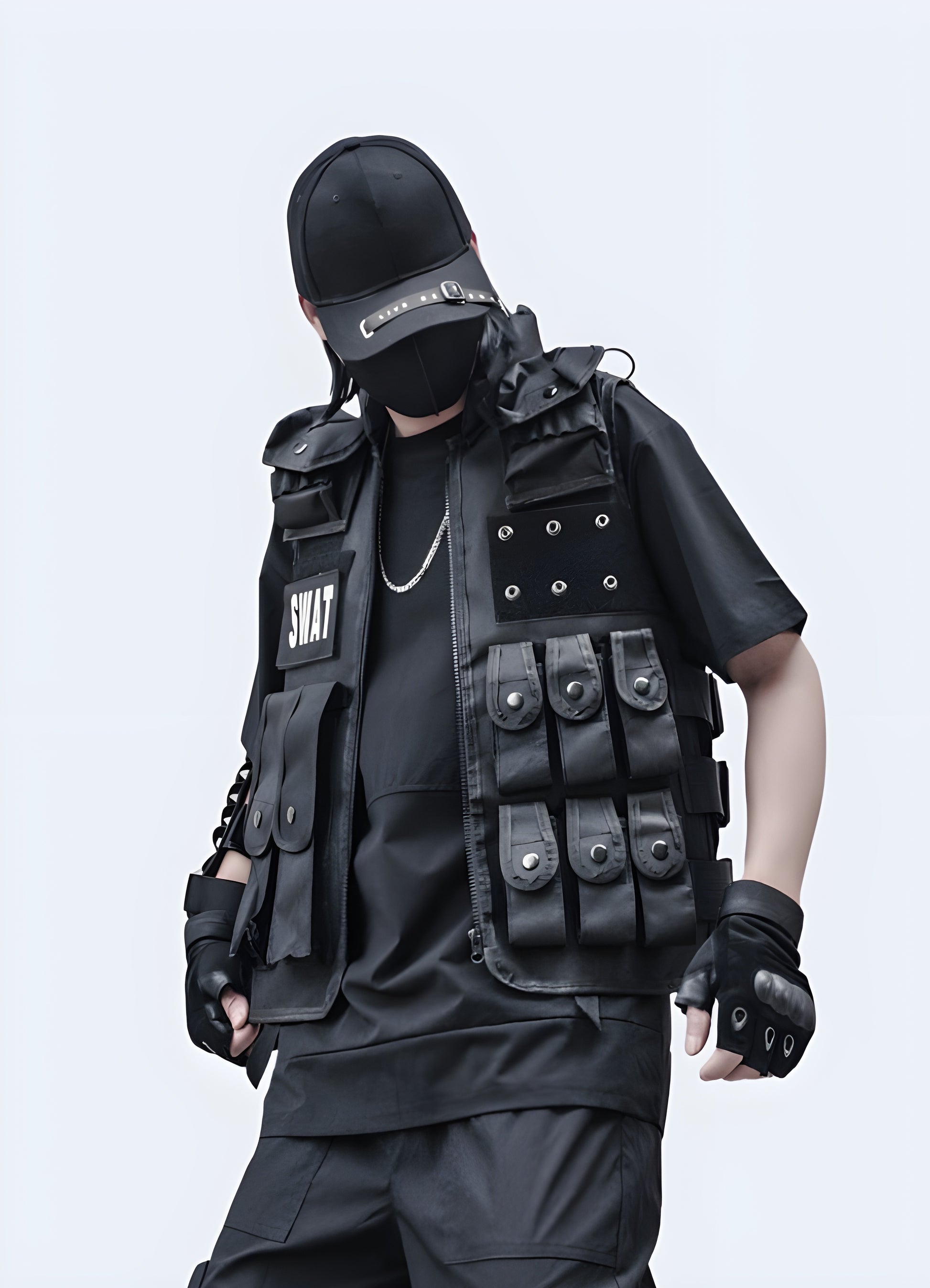 Men wearing black tactical vest swat side view.