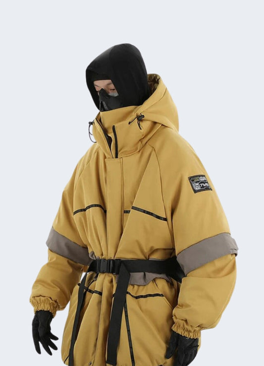 Men wearing yellow tactical jacket front view.