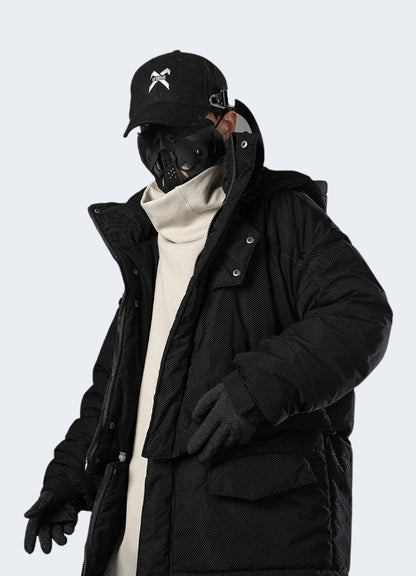 Black men wearing technical winter jacket left side view.