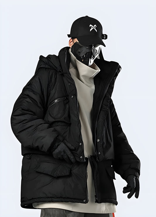 Men wearing technical winter black jacket side view.