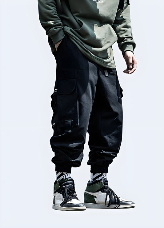 Futuristic black multi pocket techwear-style cargo pants.