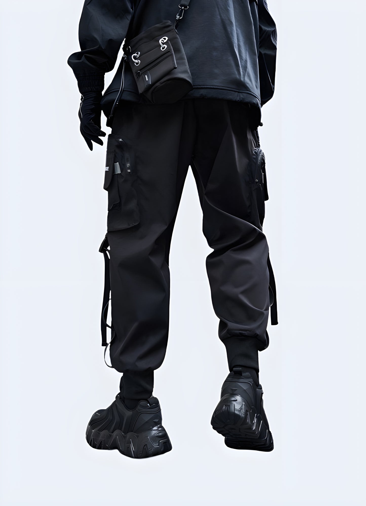 Men wearing techwear cargo trousers with a cyberpunk vibe.