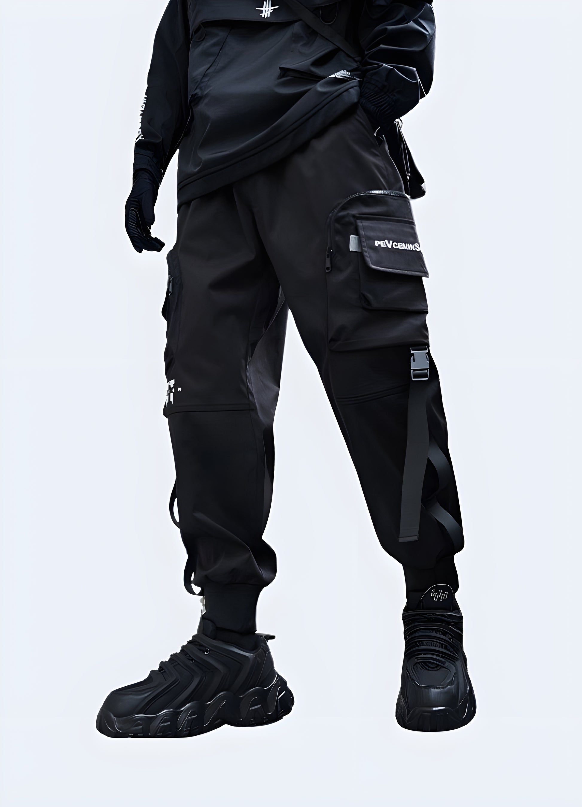 Cropped techwear cargo trousers in a futuristic camo pattern.